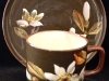 Watcombe Pottery Cup & Saucer with blossom on dark brown ground