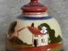 Watcombe Pottery Inkwell, with stopper, decorated with a Cottage, smaller size than standard and with Shakespeare quote
