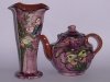 Longpark Pottery Vase and Teapot with butterflies on streaky purple ground