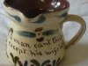 An Aller Vale Side-pour Jug decorated with Kerswell Daisy pattern on unusual Cream ground. Also a great motto, 4